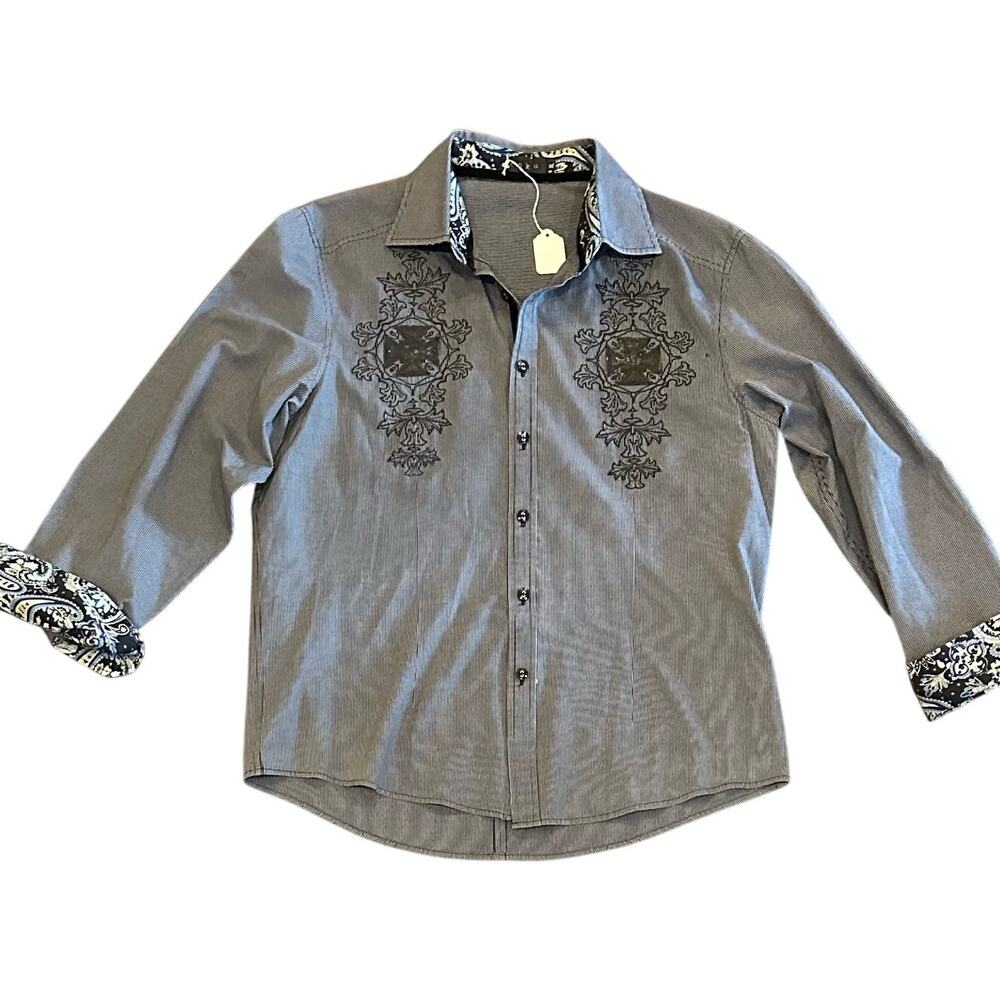 Toku Men’s Long Sleeve Dress Shirt With Embroidered Design Contrast Trim XL